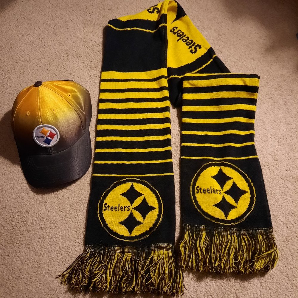 Pittsburgh Steelers winter Scarf Black and Gold and Ball Cap hook and loop.